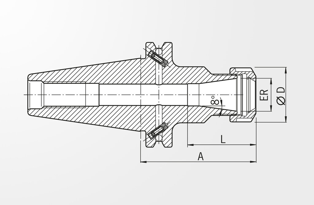 Disegno tecnico Mandrino portapinze Tipo ER DIN ISO 7388-1 ISO40 (precedentemente DIN 69871)