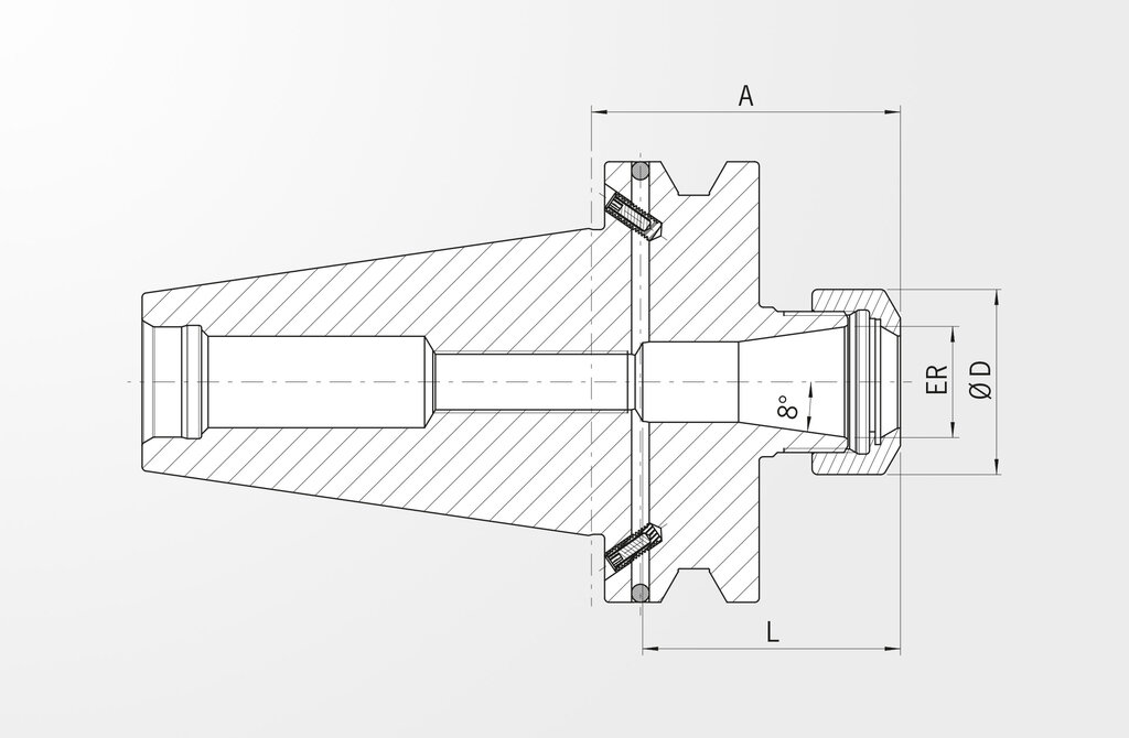 Disegno tecnico Mandrino portapinze Tipo ER JIS B 6339-2 · BT50