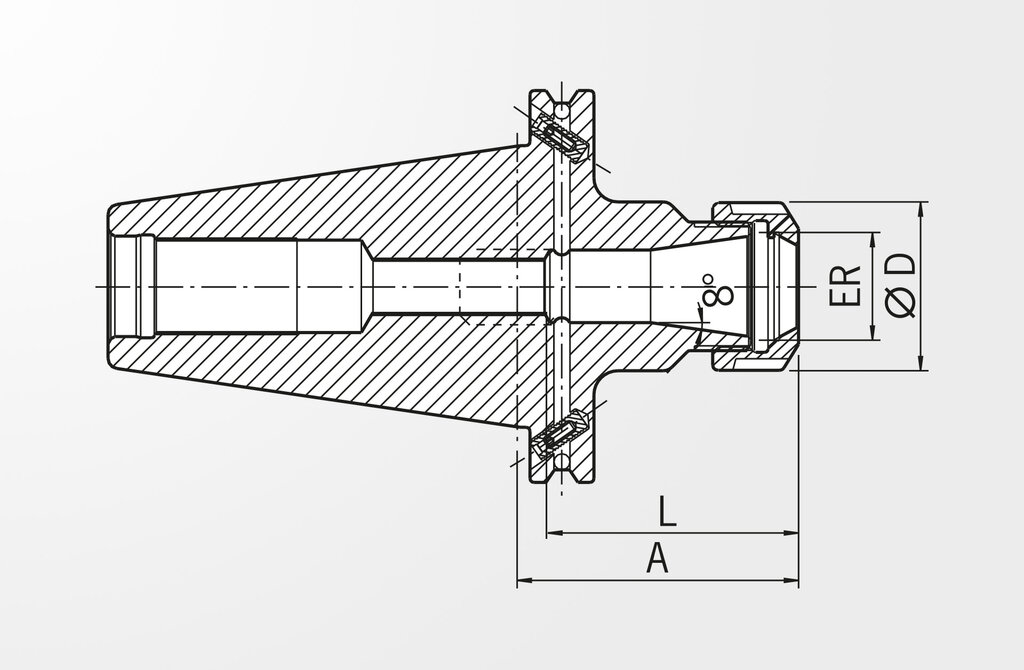 Disegno tecnico Mandrino portapinze Tipo ER DIN ISO 7388-1 SK50 (precedentemente DIN 69871)