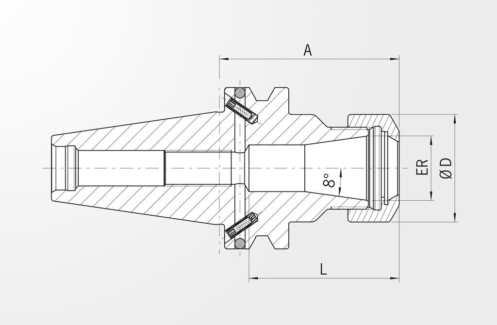 Disegno tecnico Mandrino portapinze Tipo ER JIS B 6339-2 · BT40