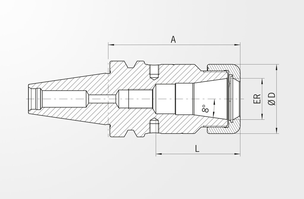 Technische Zeichnung Spannzangenfutter Power Collet Chuck ähnlich JIS B 6339-2 · BT30 mit Plananlage